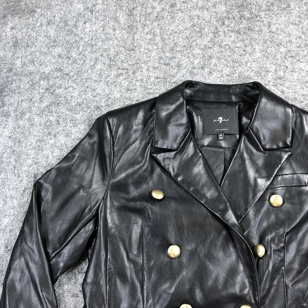 7 For All Mankind Blazer Womens M Black Faux Leather Double Breasted Military - Picture 3 of 15